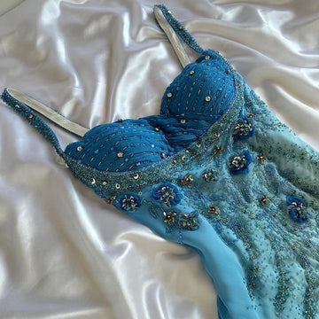 Niulatu Gradient Blue Spaghetti Straps Sheath Chiffon Beading Prom Dresses Vintage Evening Gowns HZ1031